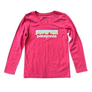 PATAGONIA Logo T-Shirt Girls M 10 Medium Pink Organic Cotton Long Sleeve Tee Top